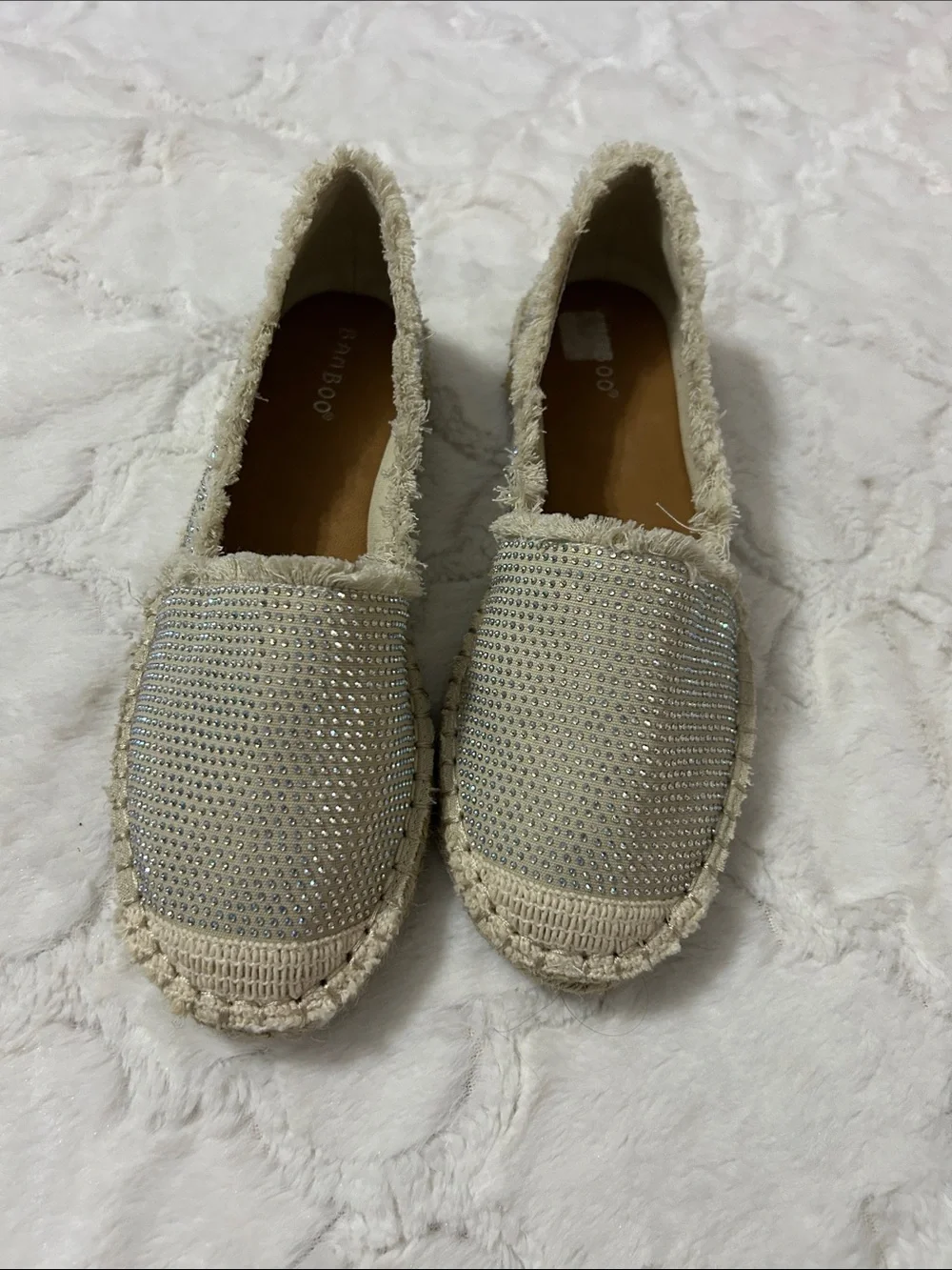 BAMBOO Cream Espadrille Slip-Ons with Rhinestone Studs